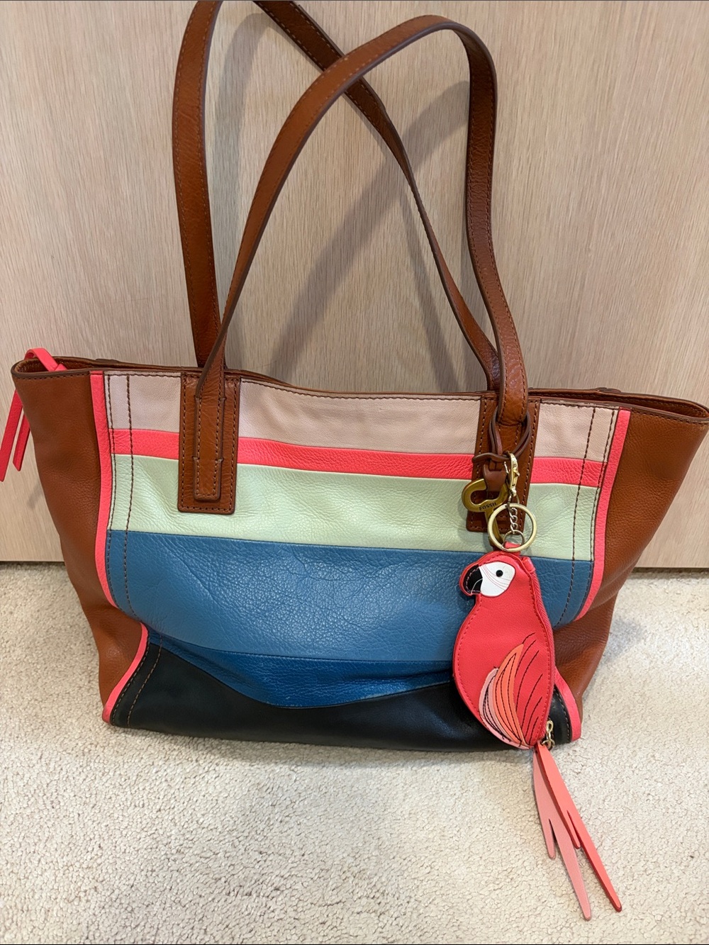 Fossil Multicolor Leather Shoulder Tote with Parrot Charm